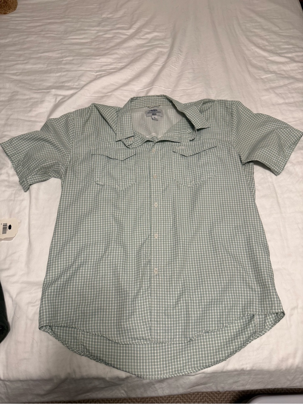 AFTCO Men's Short-Sleeve Light Green Check Button-Down Shirt